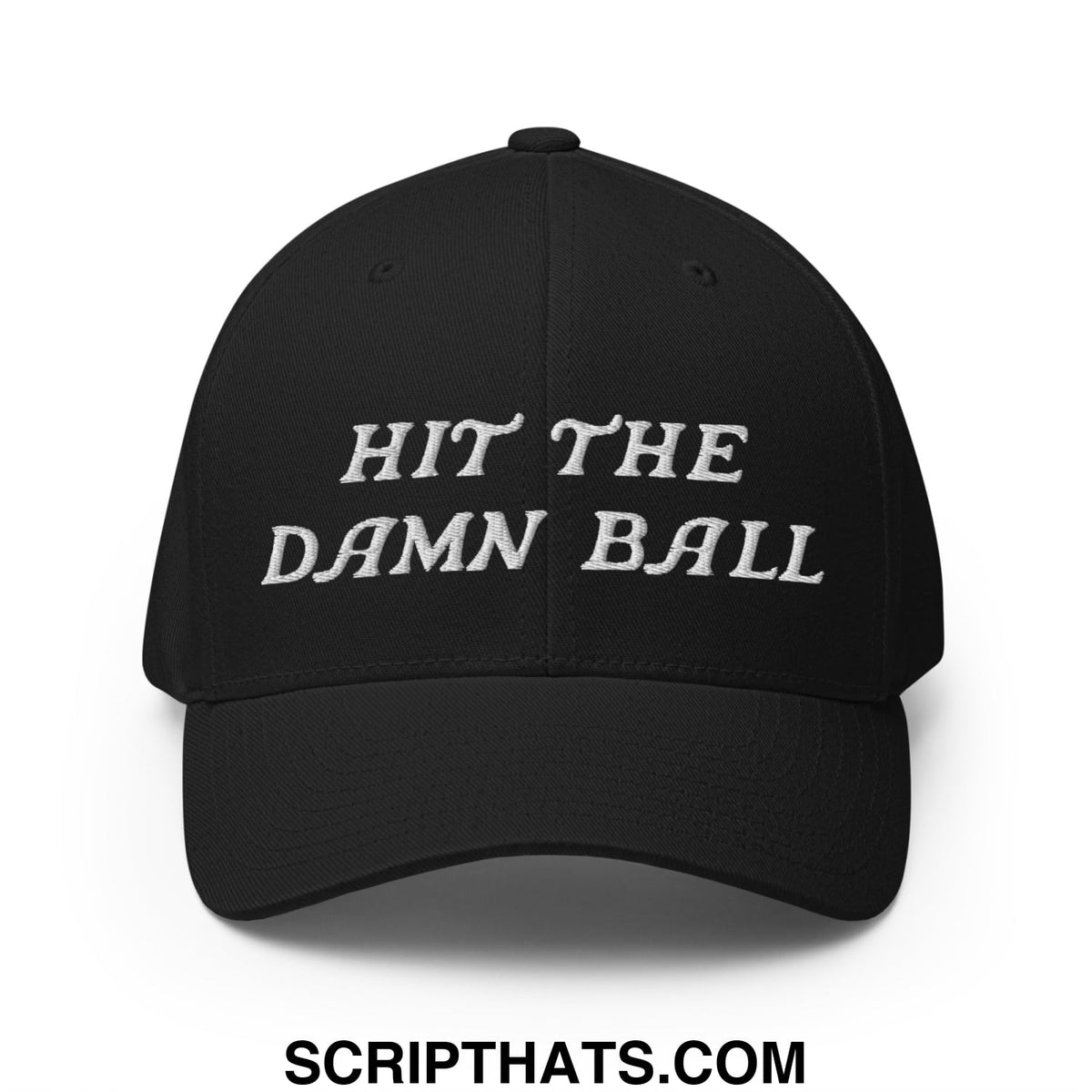 Black stretch fit golf hat with white embroidered hit the damn ball text for casual sporty use