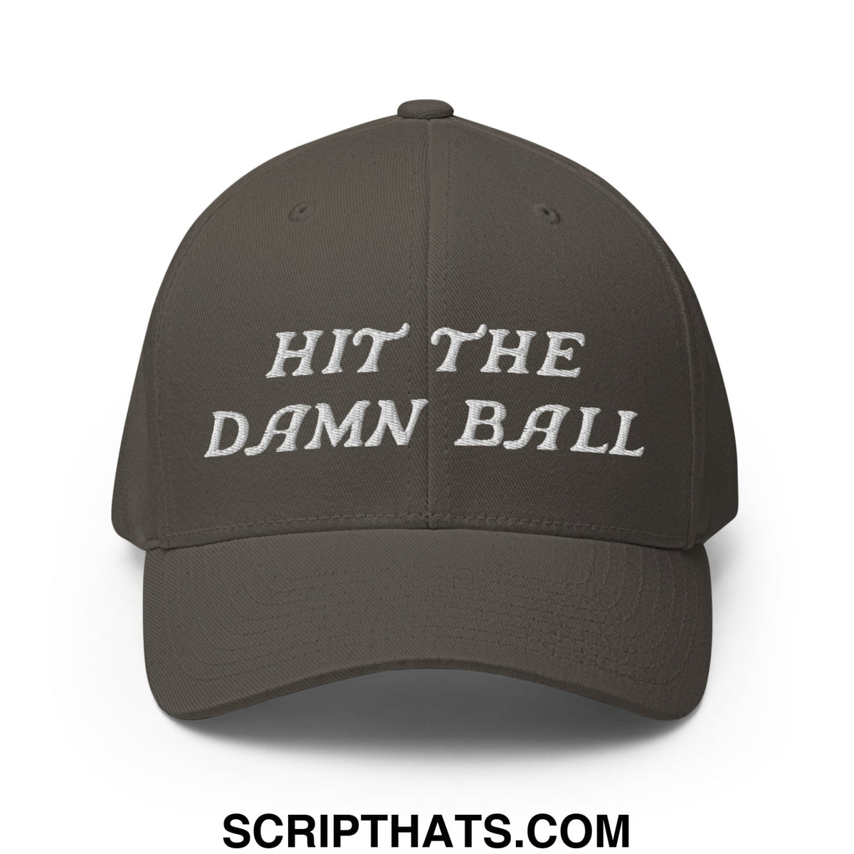 Dark olive green stretch fit golf hat with white embroidered text hit the damn ball on front panel