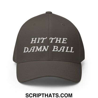 Dark olive green stretch fit golf hat with white embroidered text hit the damn ball on front panel