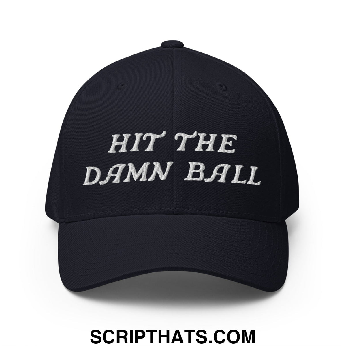 Black stretch fit golf hat with white embroidered hit the damn ball text designed for golf enthusiasts
