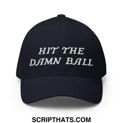 Black stretch fit golf hat with white embroidered hit the damn ball text designed for golf enthusiasts