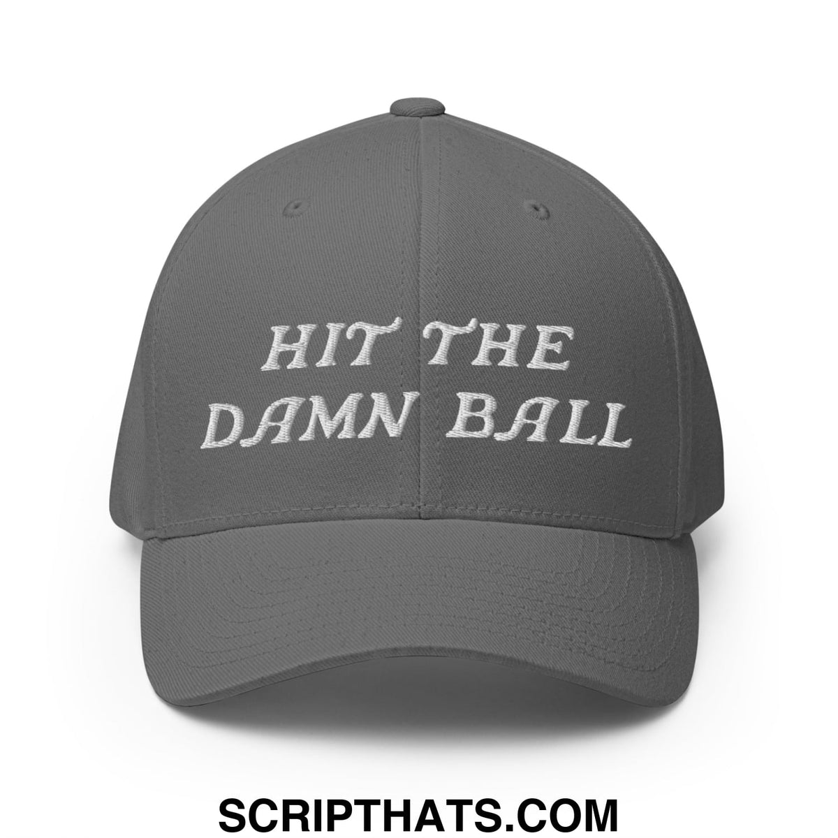 Gray stretch fit golf hat with white embroidered text hit the damn ball on front panel