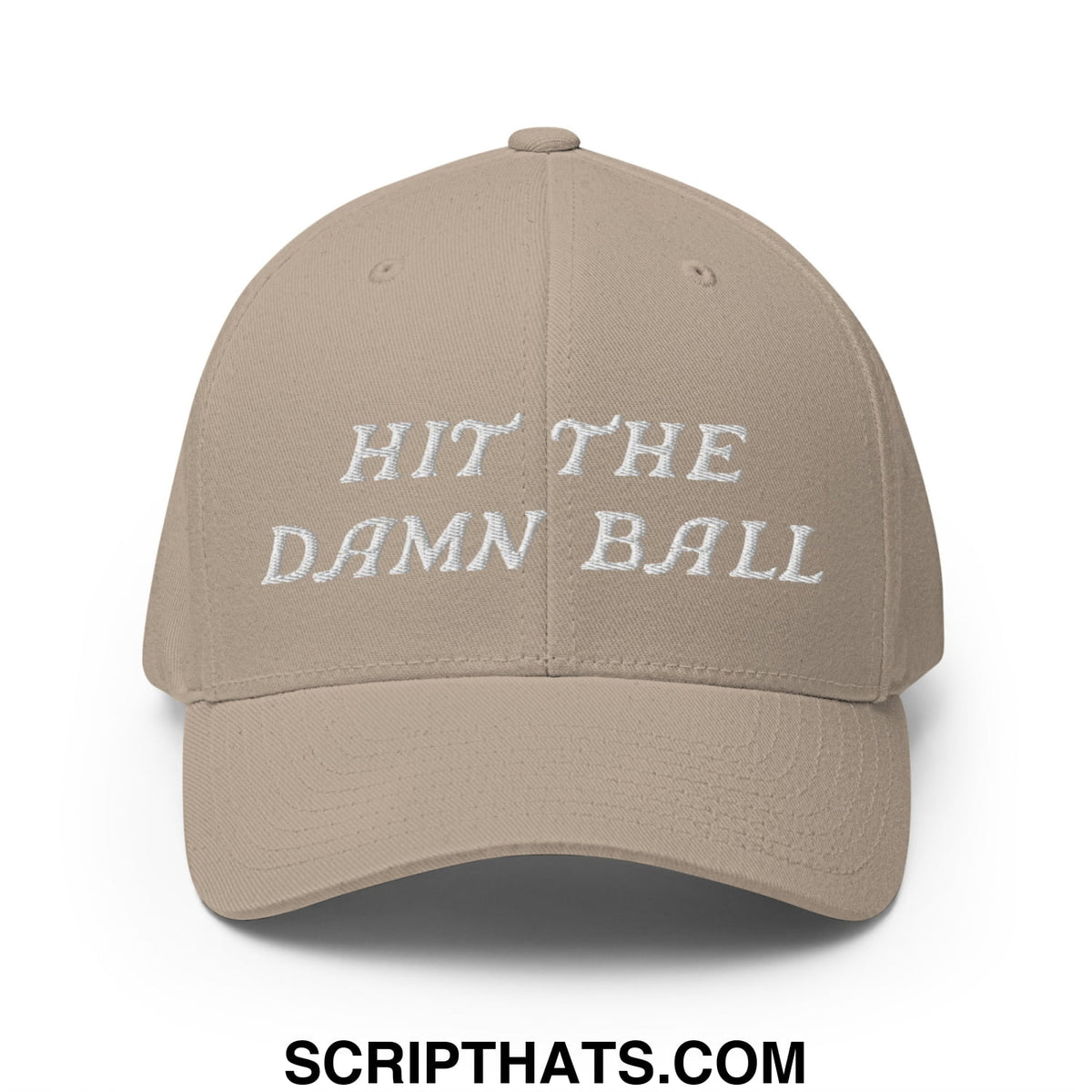 Beige stretch fit golf hat with white embroidered text hit the damn ball designed for casual wear