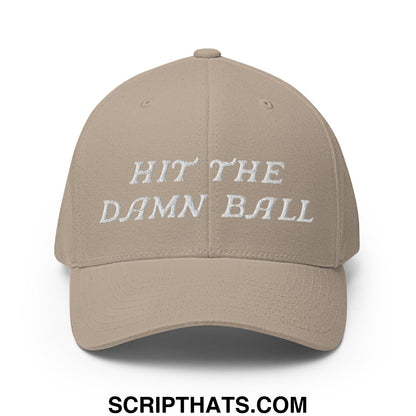 Beige stretch fit golf hat with white embroidered text hit the damn ball designed for casual wear