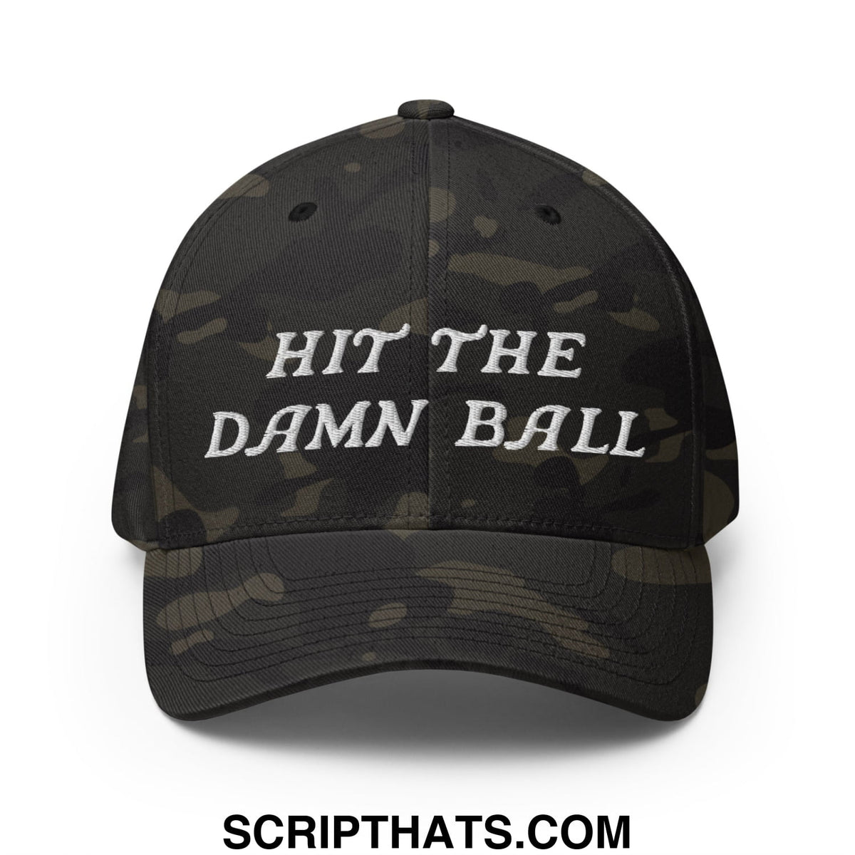 Black camouflage stretch fit golf hat with white embroidered text hit the damn ball on the front