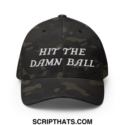Black camouflage stretch fit golf hat with white embroidered text hit the damn ball on the front