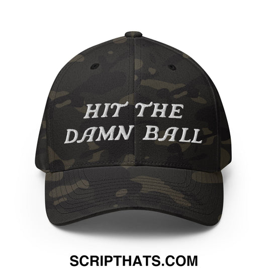 Black camouflage stretch fit golf hat with white embroidered text hit the damn ball on the front