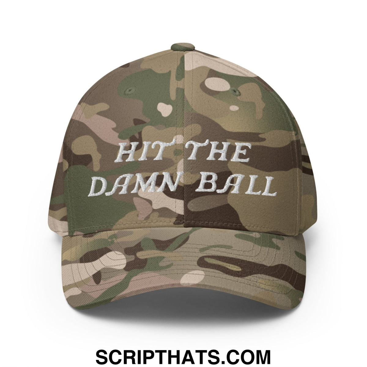 Camouflage stretch fit golf hat with white embroidered text hit the damn ball ideal for casual sportswear