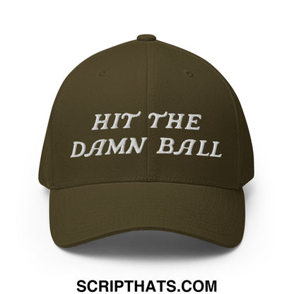 Olive green stretch fit golf hat with white embroidered text hit the damn ball for casual sportswear