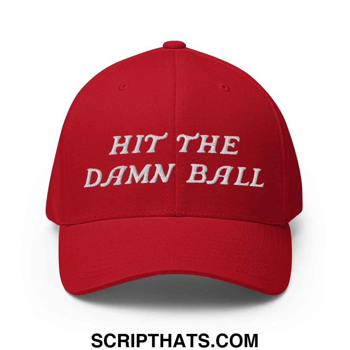 Red stretch fit golf hat with white embroidered text hit the damn ball on the front panel