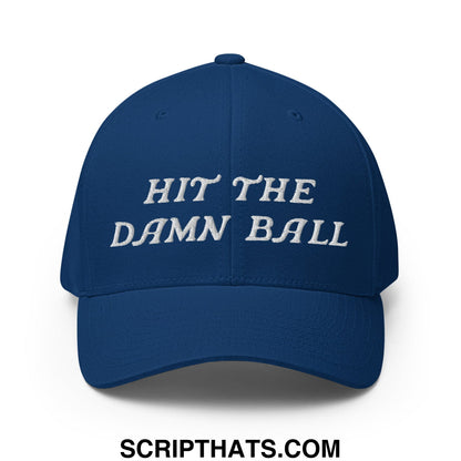 Navy blue stretch fit golf hat with white embroidered text hit the damn ball for casual sportswear use