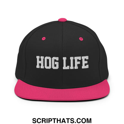 Hog Life Embroidered Flat Bill Brim Snapback Hat Black Neon Pink