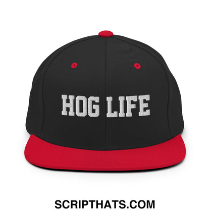 Hog Life Embroidered Flat Bill Brim Snapback Hat Black Red