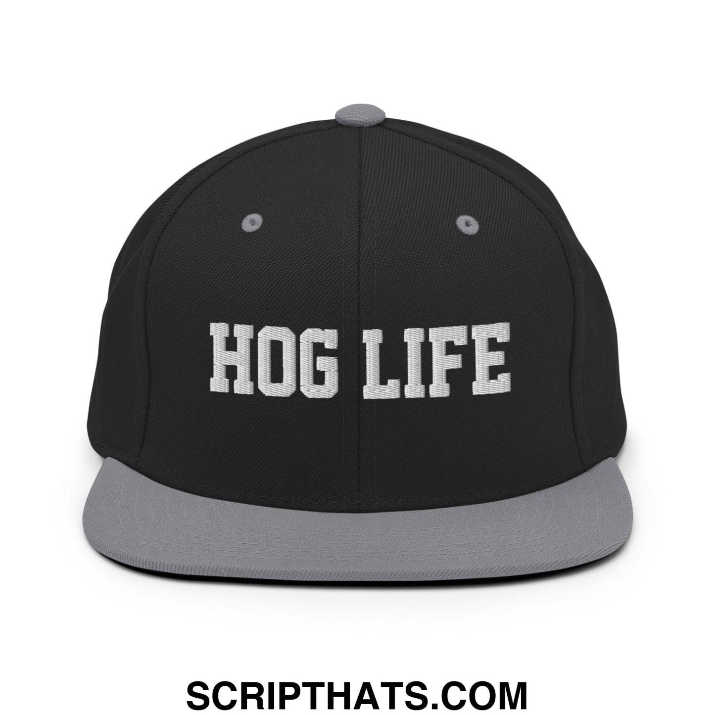 Hog Life Embroidered Flat Bill Brim Snapback Hat Black Silver