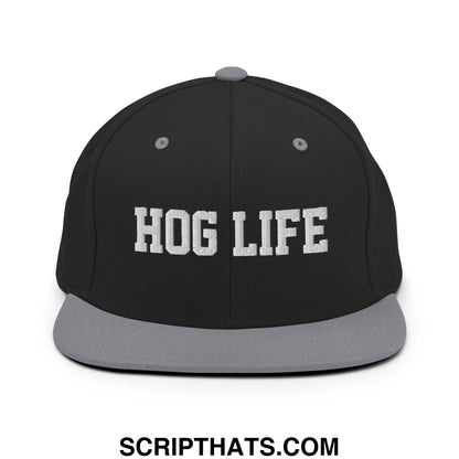 Hog Life Embroidered Flat Bill Brim Snapback Hat Black Silver