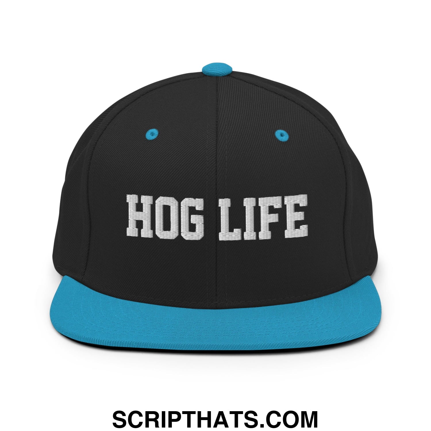 Hog Life Embroidered Flat Bill Brim Snapback Hat Black Teal