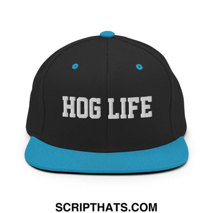 Hog Life Embroidered Flat Bill Brim Snapback Hat Black Teal