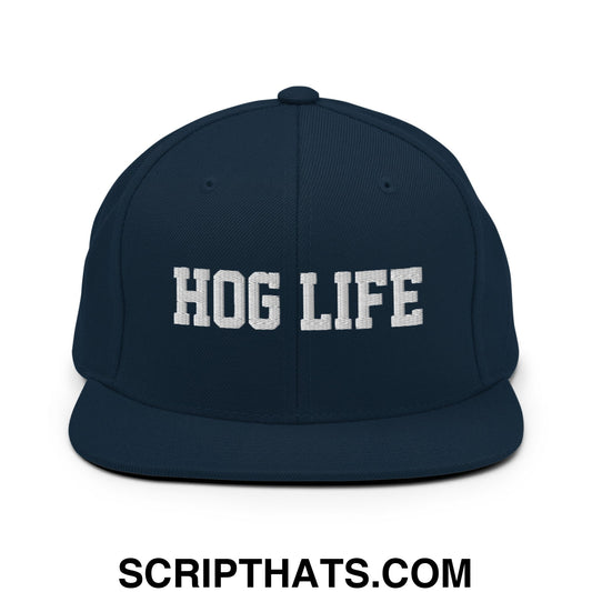 Hog Life Embroidered Flat Bill Brim Snapback Hat Dark Navy