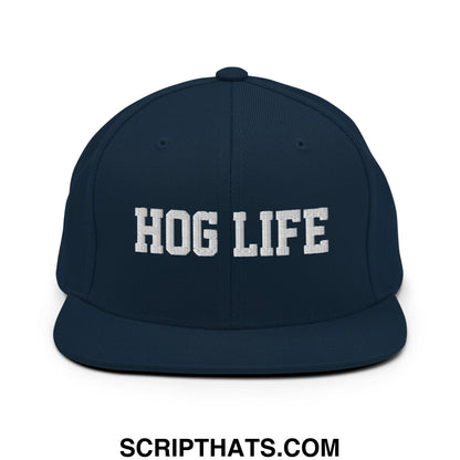 Hog Life Embroidered Flat Bill Brim Snapback Hat Dark Navy