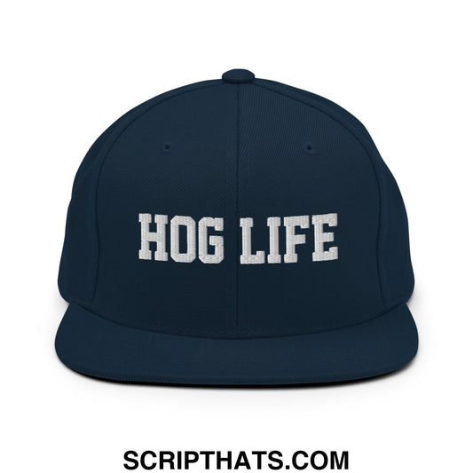 Navy blue flat bill brim snapback hat with white embroidered hog life text on the front panel