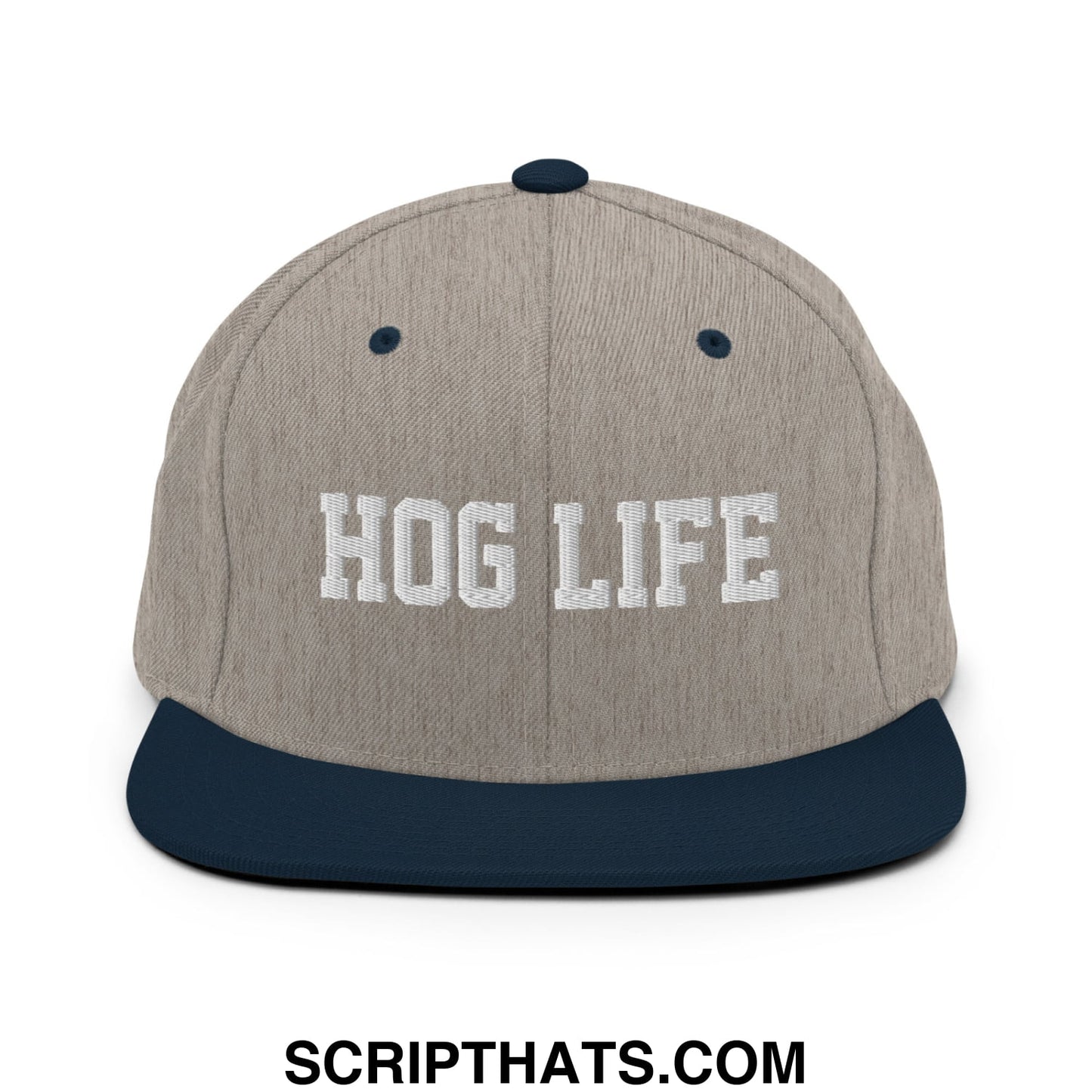 Hog Life Embroidered Flat Bill Brim Snapback Hat Heather Grey Navy
