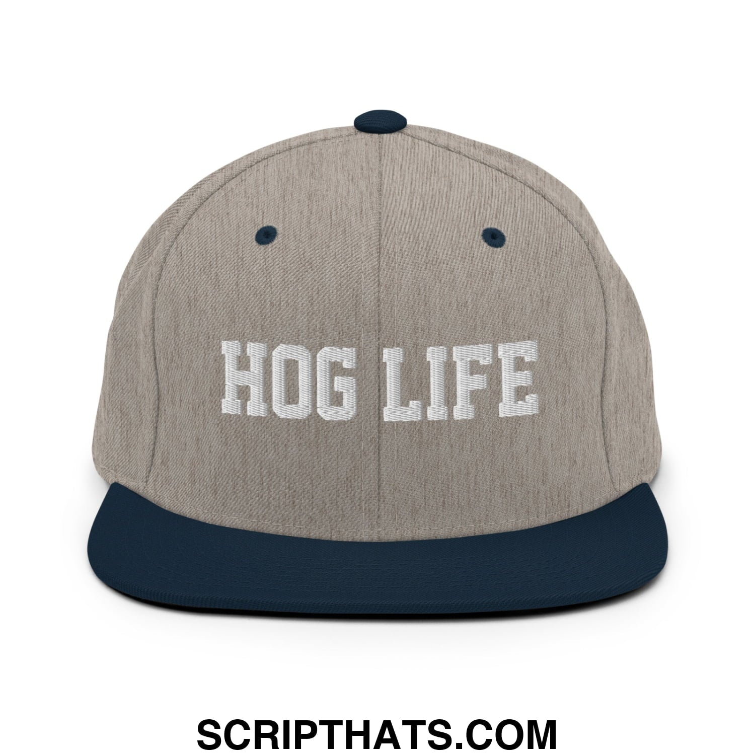 Hog Life Embroidered Flat Bill Brim Snapback Hat Heather Grey Navy