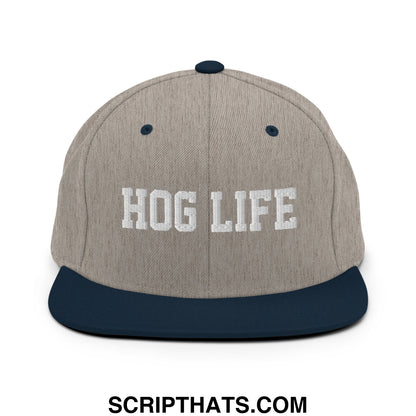 Hog Life Embroidered Flat Bill Brim Snapback Hat Heather Grey Navy