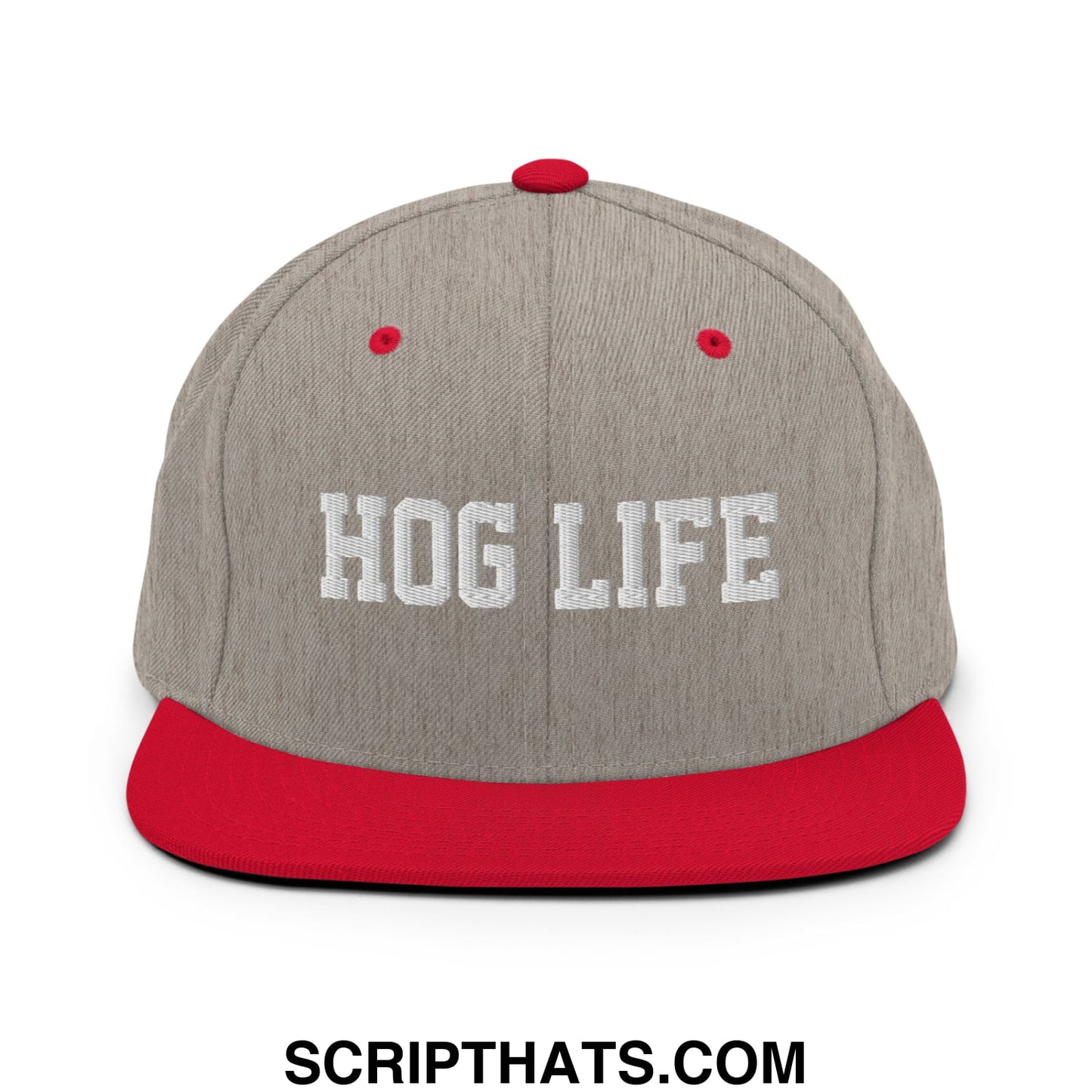Hog Life Embroidered Flat Bill Brim Snapback Hat Heather Grey Red