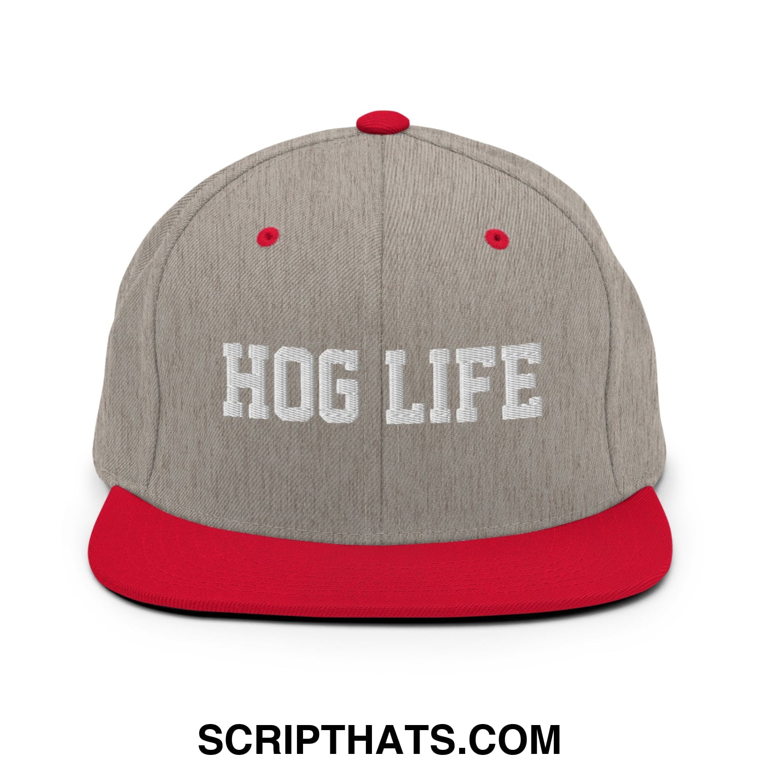 Hog Life Embroidered Flat Bill Brim Snapback Hat Heather Grey Red
