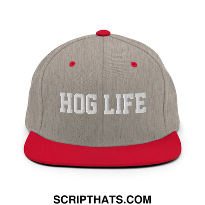 Hog Life Embroidered Flat Bill Brim Snapback Hat Heather Grey Red