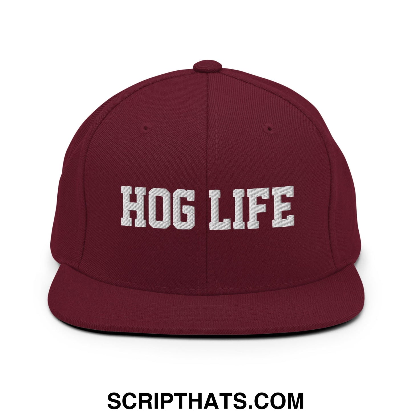 Hog Life Embroidered Flat Bill Brim Snapback Hat Maroon