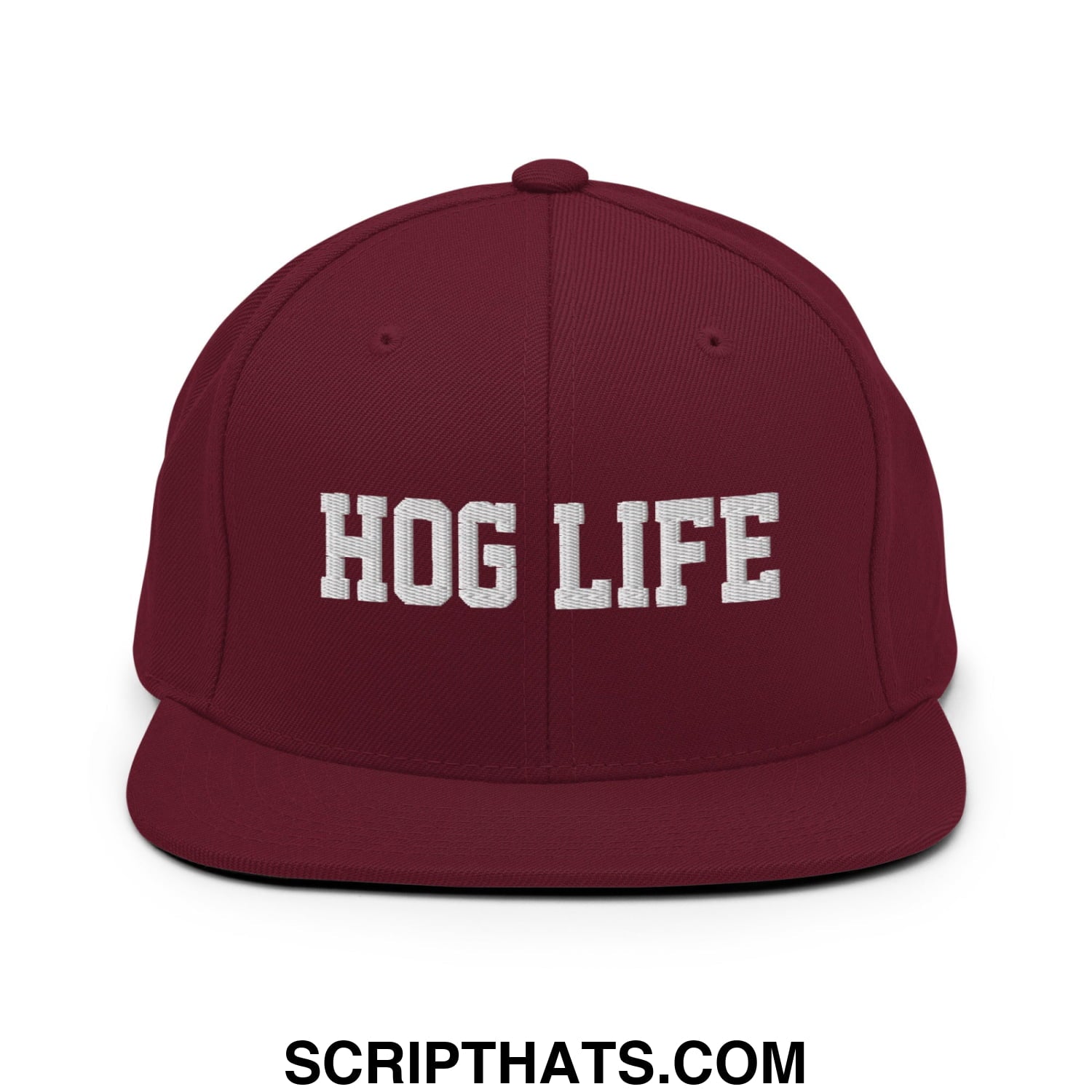 Hog Life Embroidered Flat Bill Brim Snapback Hat Maroon