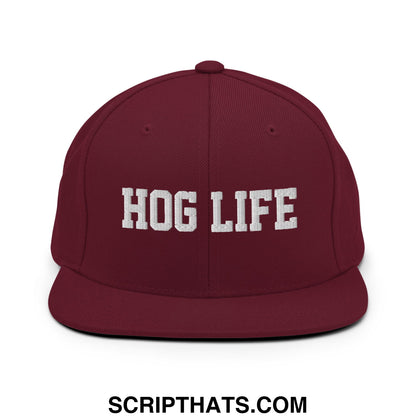 Hog Life Embroidered Flat Bill Brim Snapback Hat Maroon
