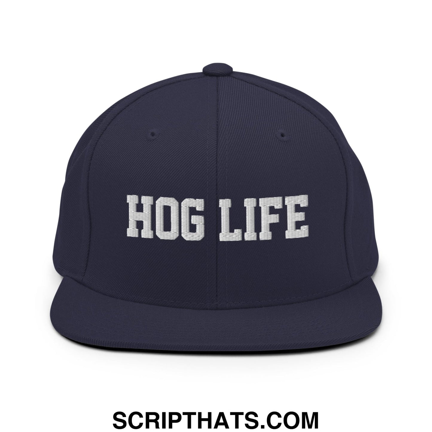 Hog Life Embroidered Flat Bill Brim Snapback Hat Navy
