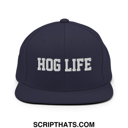 Hog Life Embroidered Flat Bill Brim Snapback Hat Navy