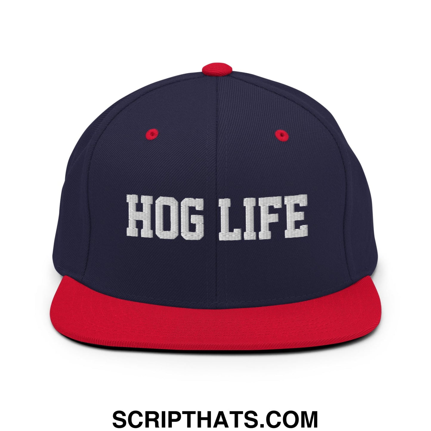 Hog Life Embroidered Flat Bill Brim Snapback Hat Navy Red