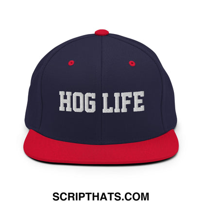 Hog Life Embroidered Flat Bill Brim Snapback Hat Navy Red