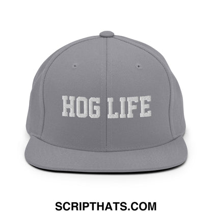 Hog Life Embroidered Flat Bill Brim Snapback Hat Silver