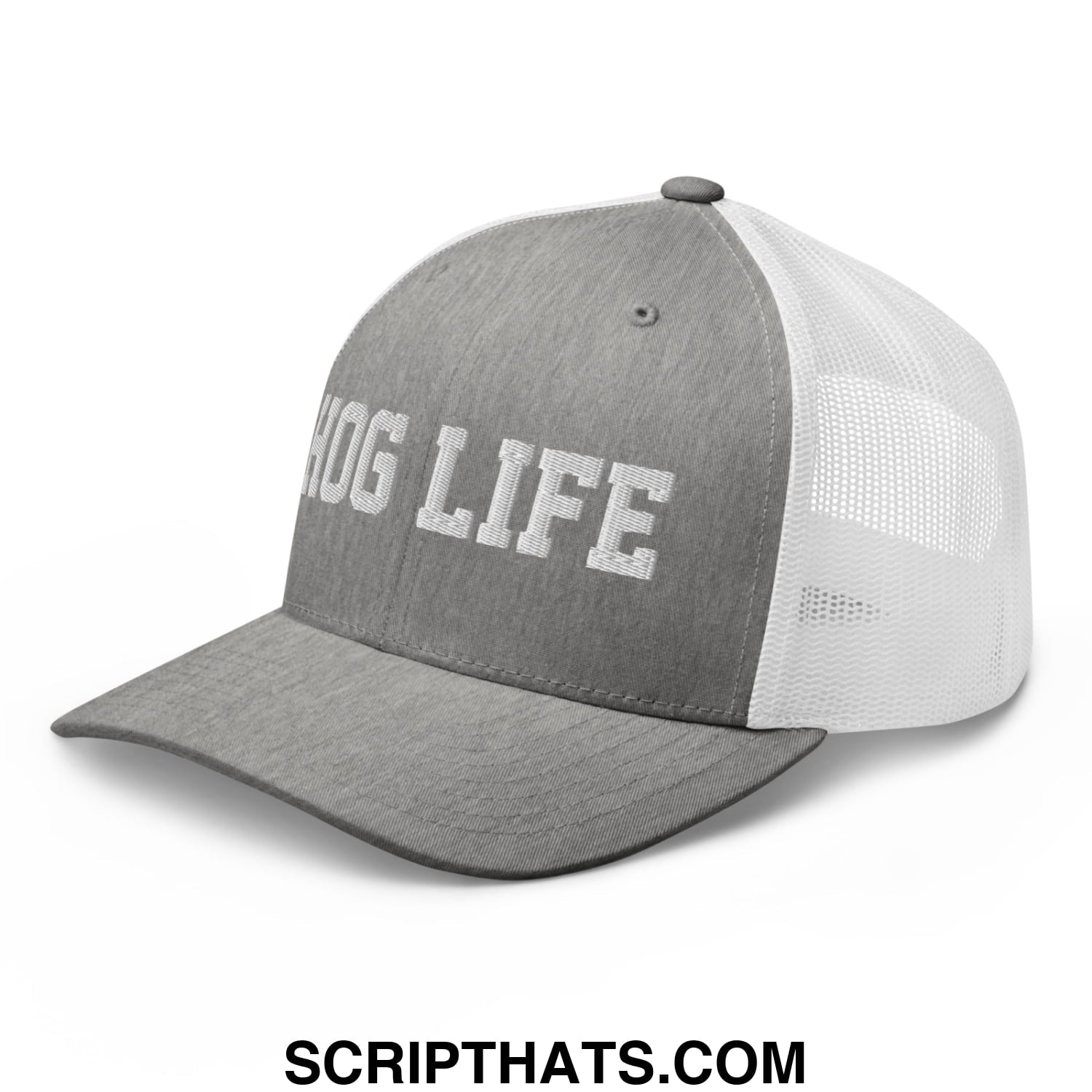Hog Life Embroidered Mesh Trucker Hat Heather Grey White