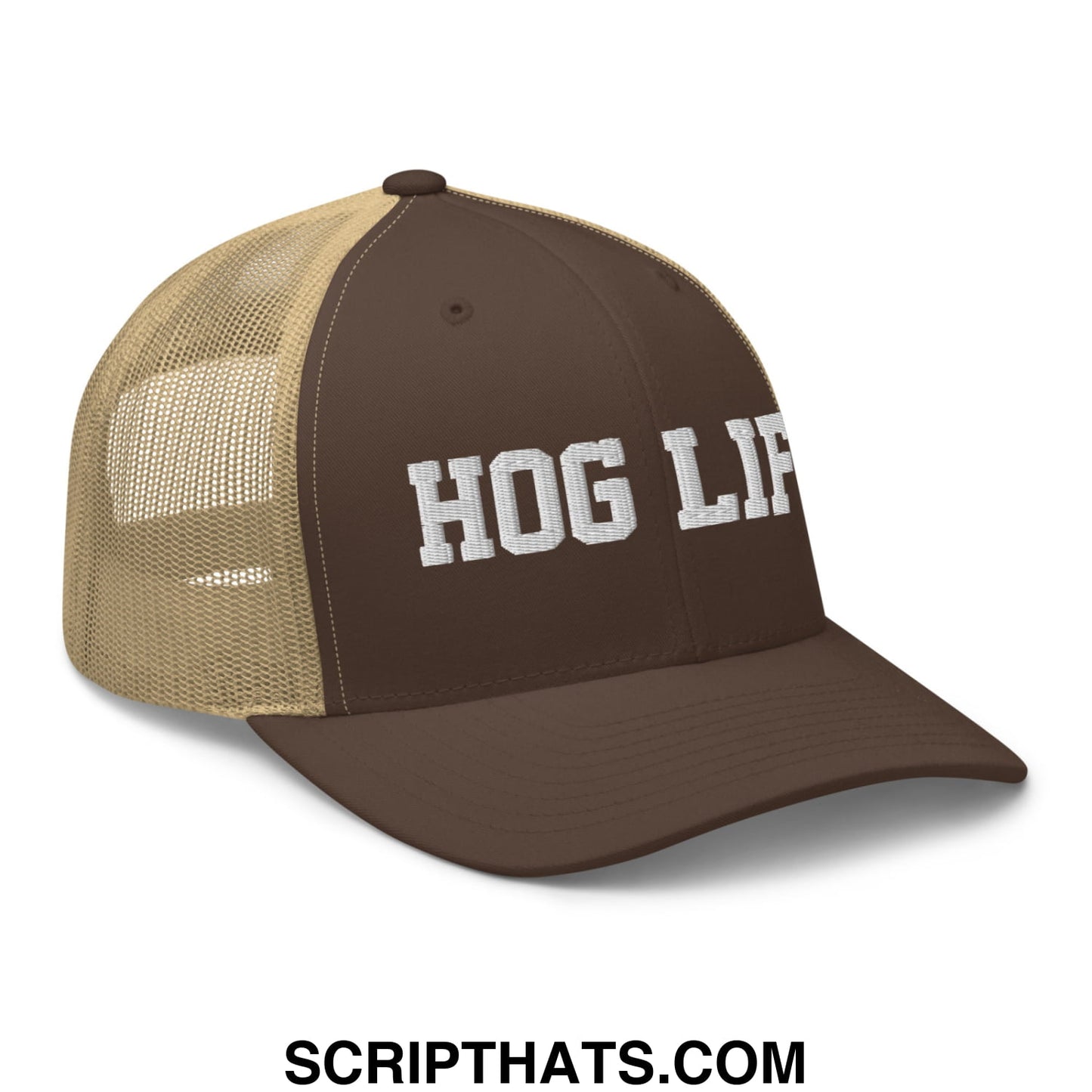 Hog Life Embroidered Mesh Trucker Hat Brown Khaki