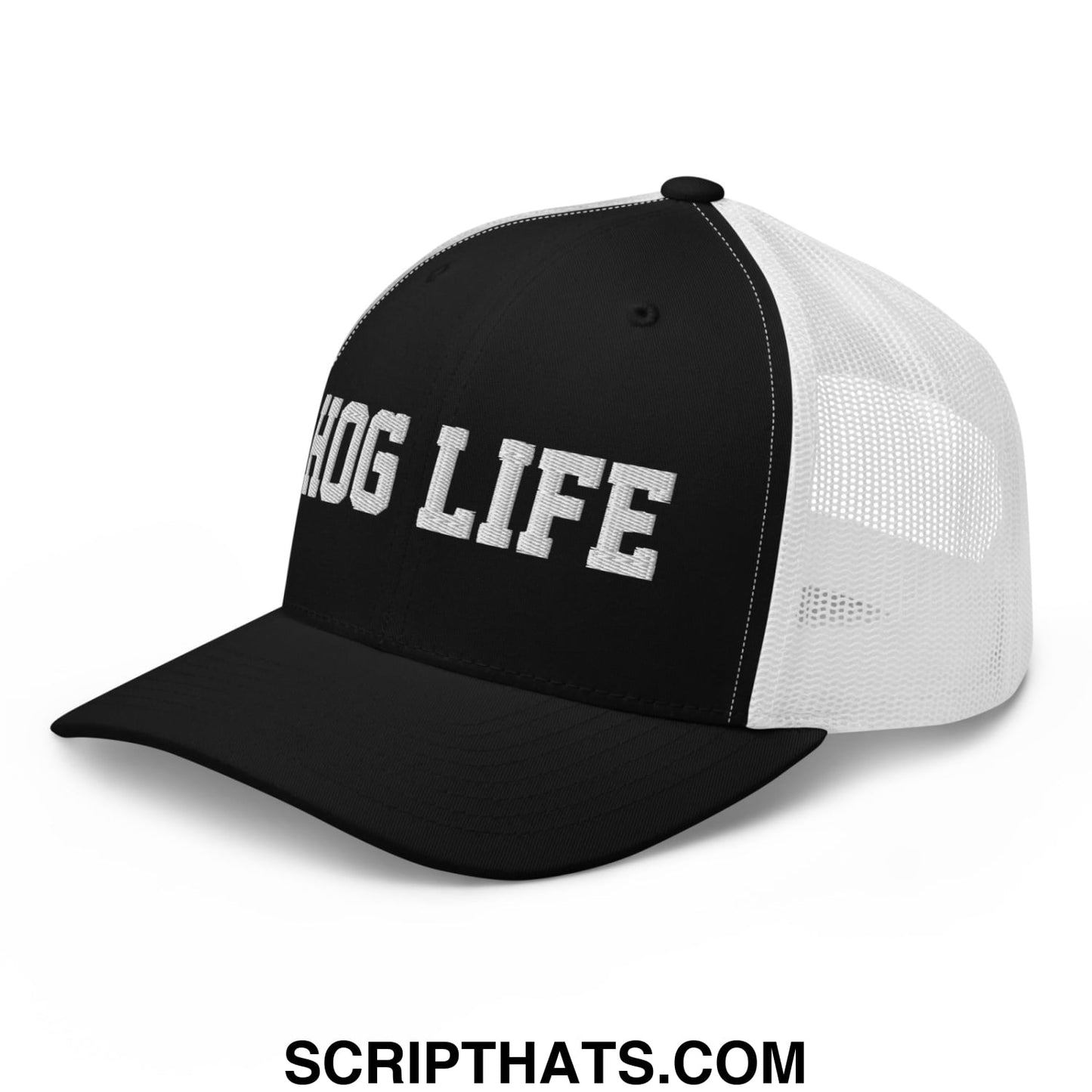 Hog Life Embroidered Mesh Trucker Hat Black White
