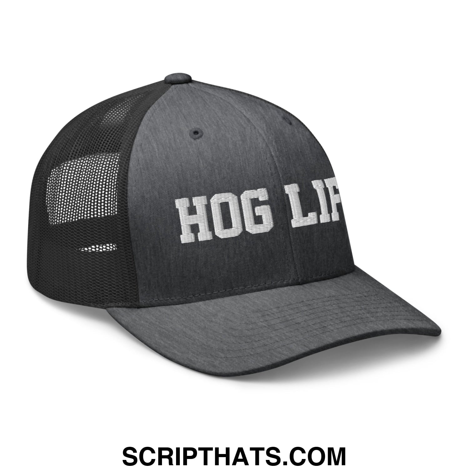 Hog Life Embroidered Mesh Trucker Hat Dark Heather Gray