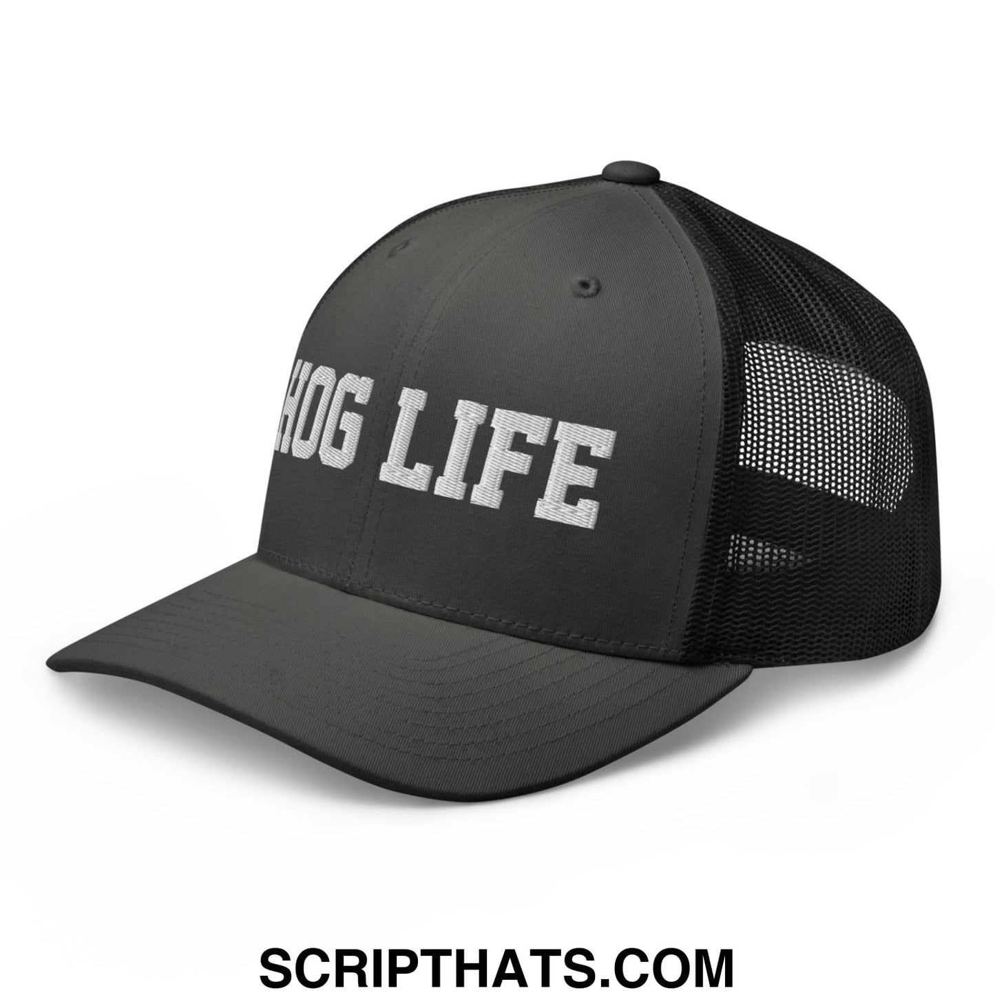 Hog Life Embroidered Mesh Trucker Hat Charcoal Black