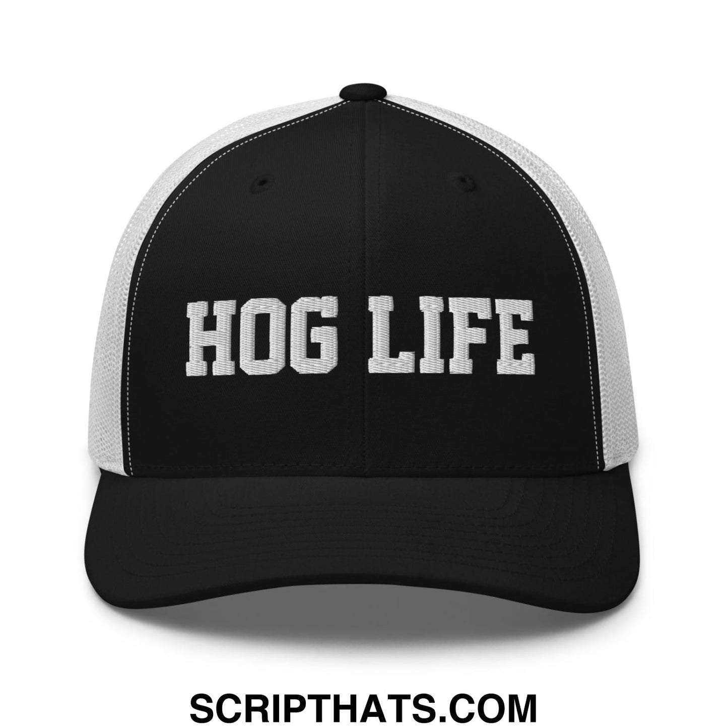 Hog Life Embroidered Mesh Trucker Hat Black White