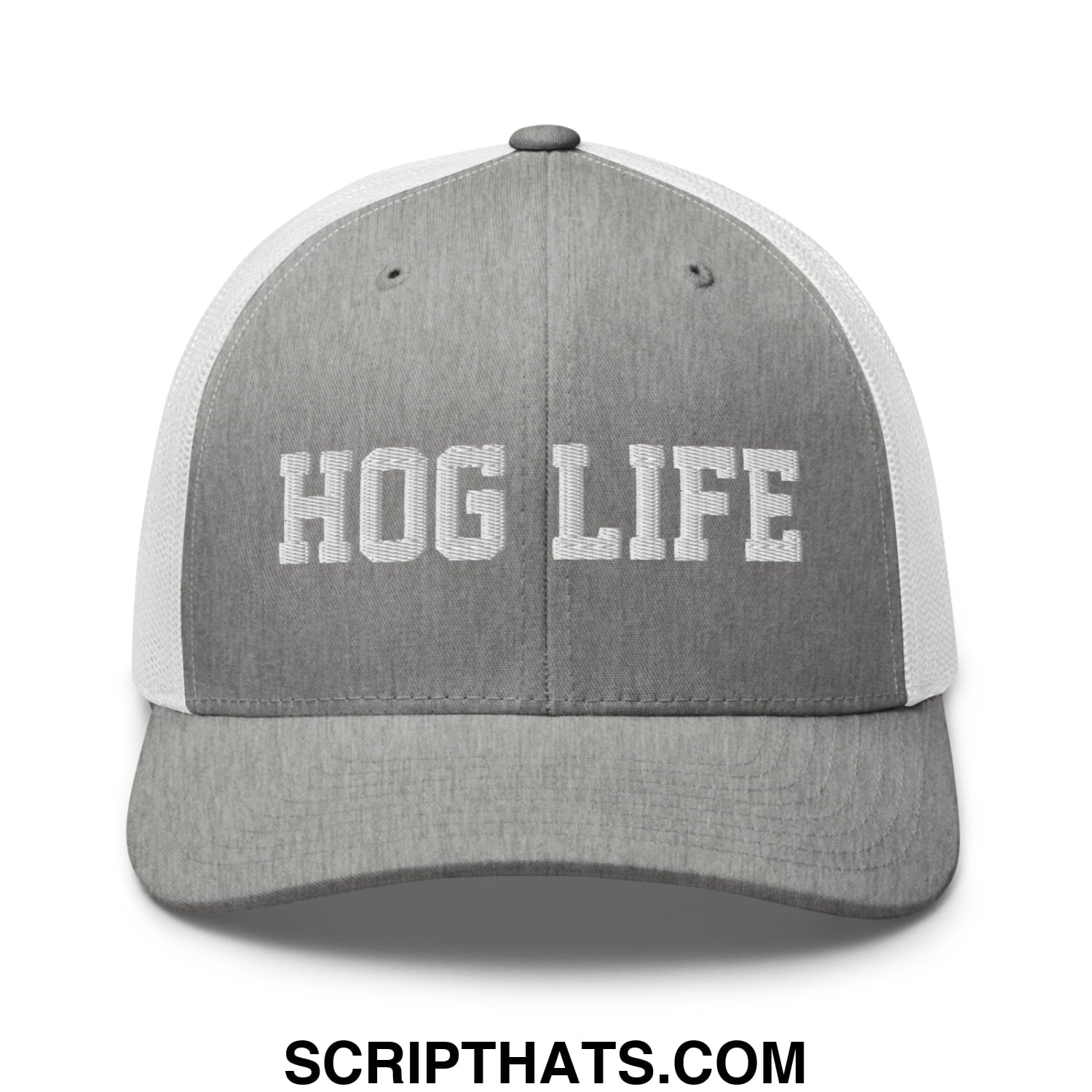 Hog Life Embroidered Mesh Trucker Hat Heather Grey White
