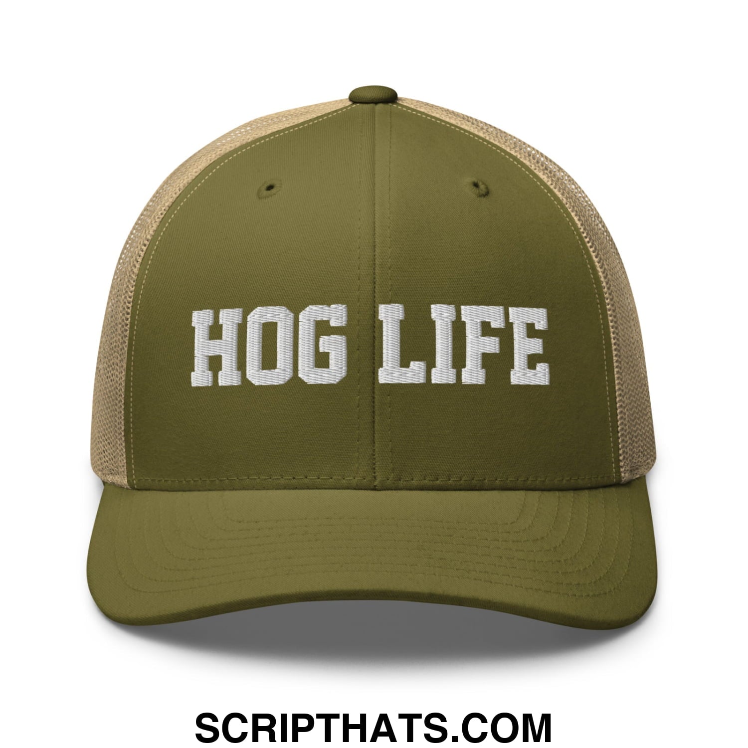 Hog Life Embroidered Mesh Trucker Hat Moss Khaki