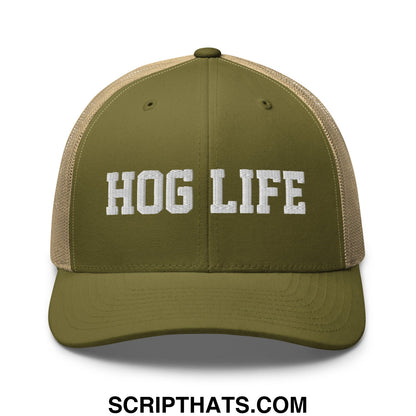 Hog Life Embroidered Mesh Trucker Hat Moss Khaki