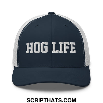 Hog Life Embroidered Mesh Trucker Hat Navy White
