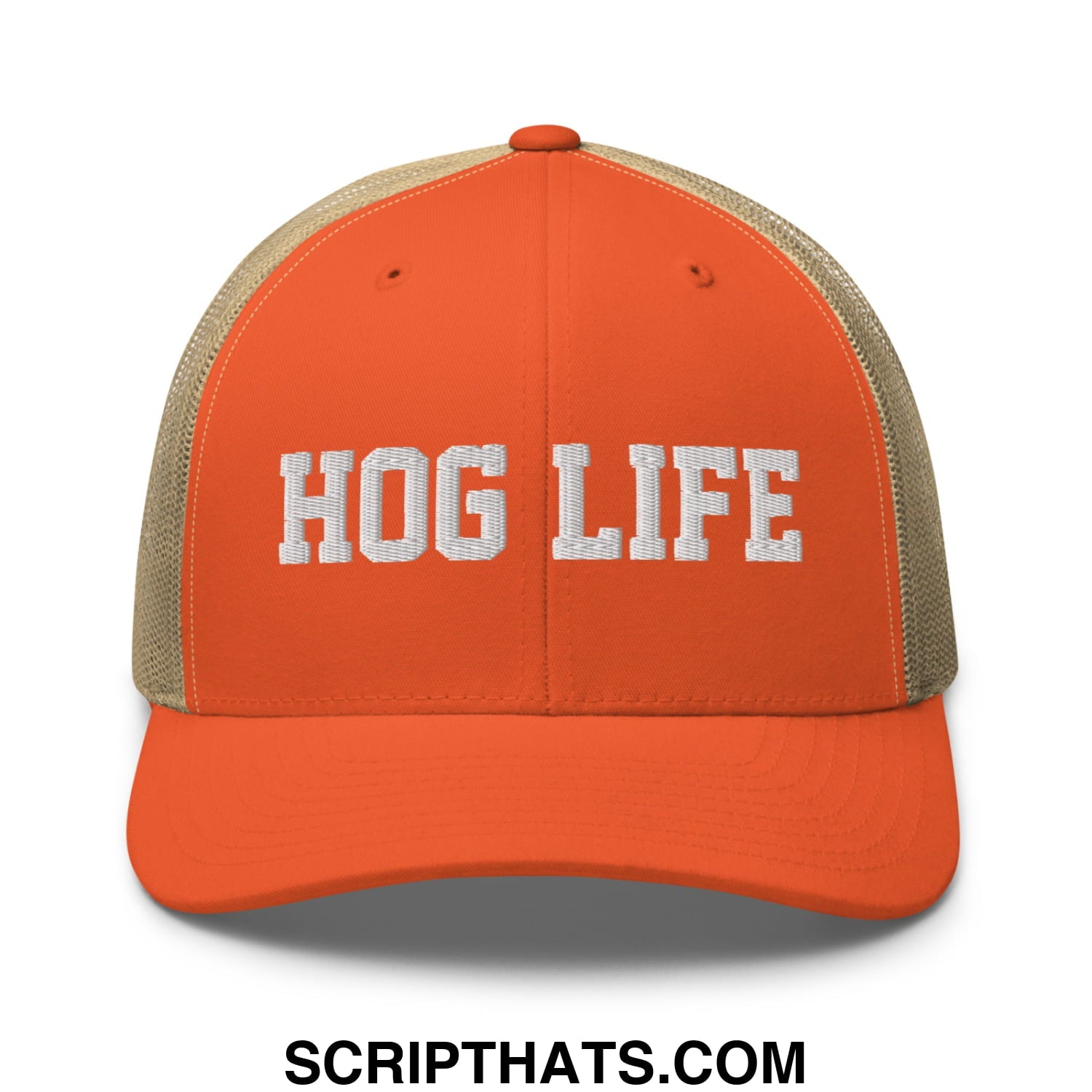 Hog Life Embroidered Mesh Trucker Hat Rustic Orange Khaki