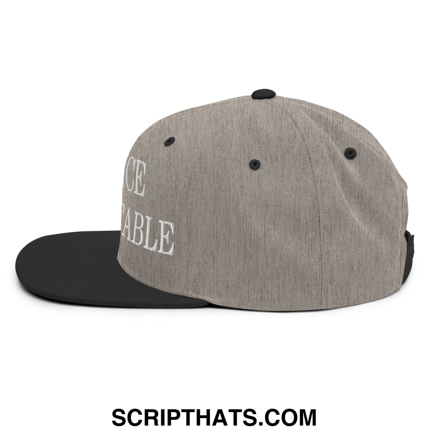 Gray and black snapback cap with white embroidered hold ICE accountable text on the side and flat bill brim